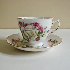 Vintage Bone China Teacup and Saucer White Rose Pink Flower Royal Vale Scalloped